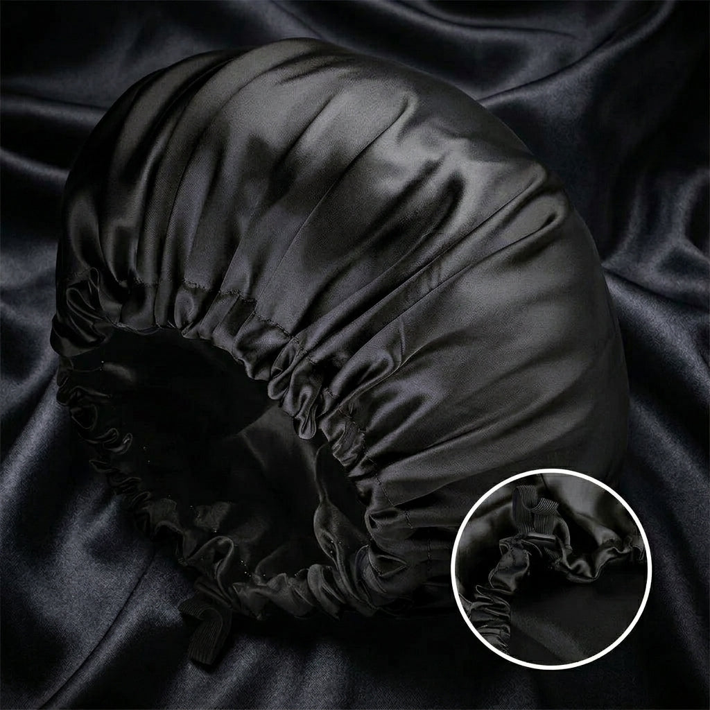 Adjustable Double Layer Satin Bonnet Nightcap Doubleside Women Round Shower Caps Night Sleep Polyester Hat Solid Black Lining