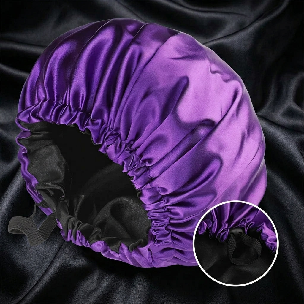 Adjustable Double Layer Satin Bonnet Nightcap Doubleside Women Round Shower Caps Night Sleep Polyester Hat Solid Black Lining