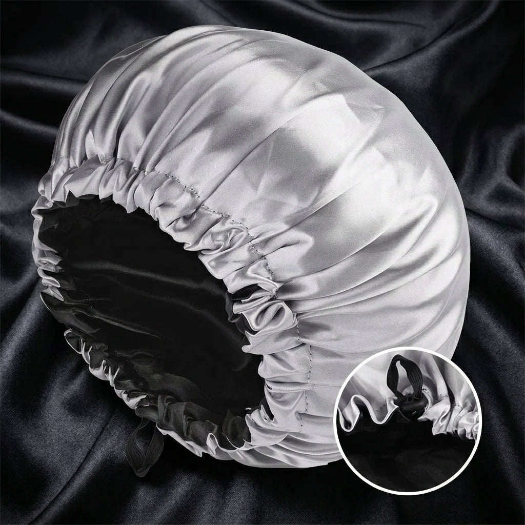 Adjustable Double Layer Satin Bonnet Nightcap Doubleside Women Round Shower Caps Night Sleep Polyester Hat Solid Black Lining
