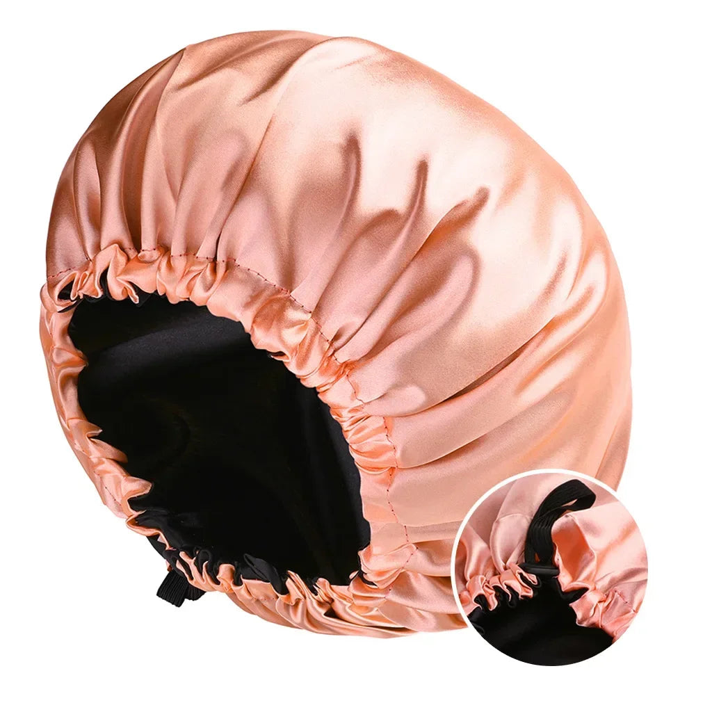Adjustable Double Layer Satin Bonnet Nightcap Doubleside Women Round Shower Caps Night Sleep Polyester Hat Solid Black Lining