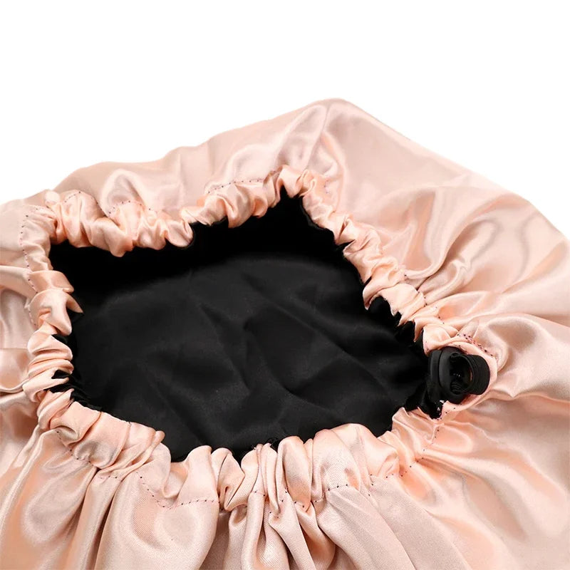 Adjustable Double Layer Satin Bonnet Nightcap Doubleside Women Round Shower Caps Night Sleep Polyester Hat Solid Black Lining