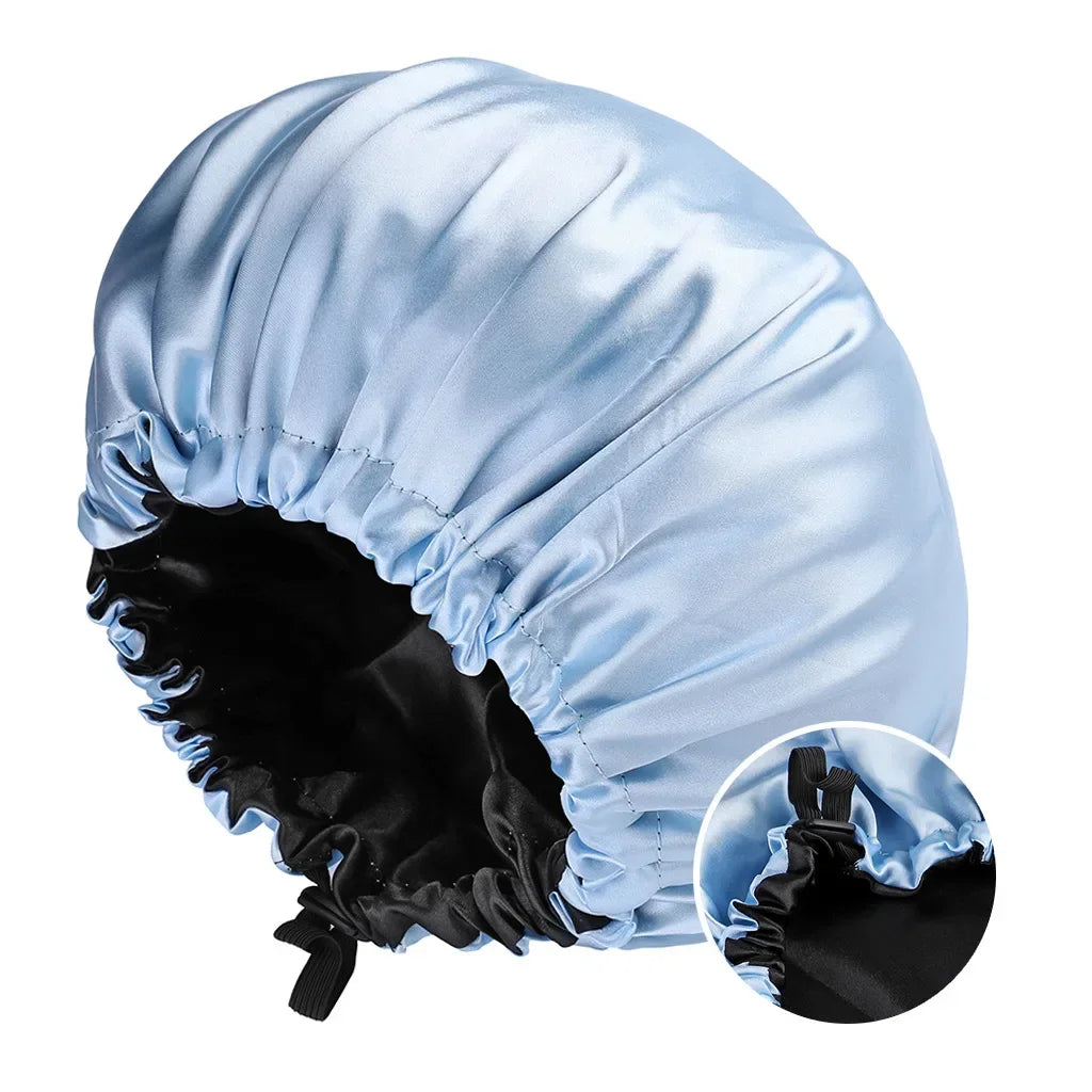Adjustable Double Layer Satin Bonnet Nightcap Doubleside Women Round Shower Caps Night Sleep Polyester Hat Solid Black Lining