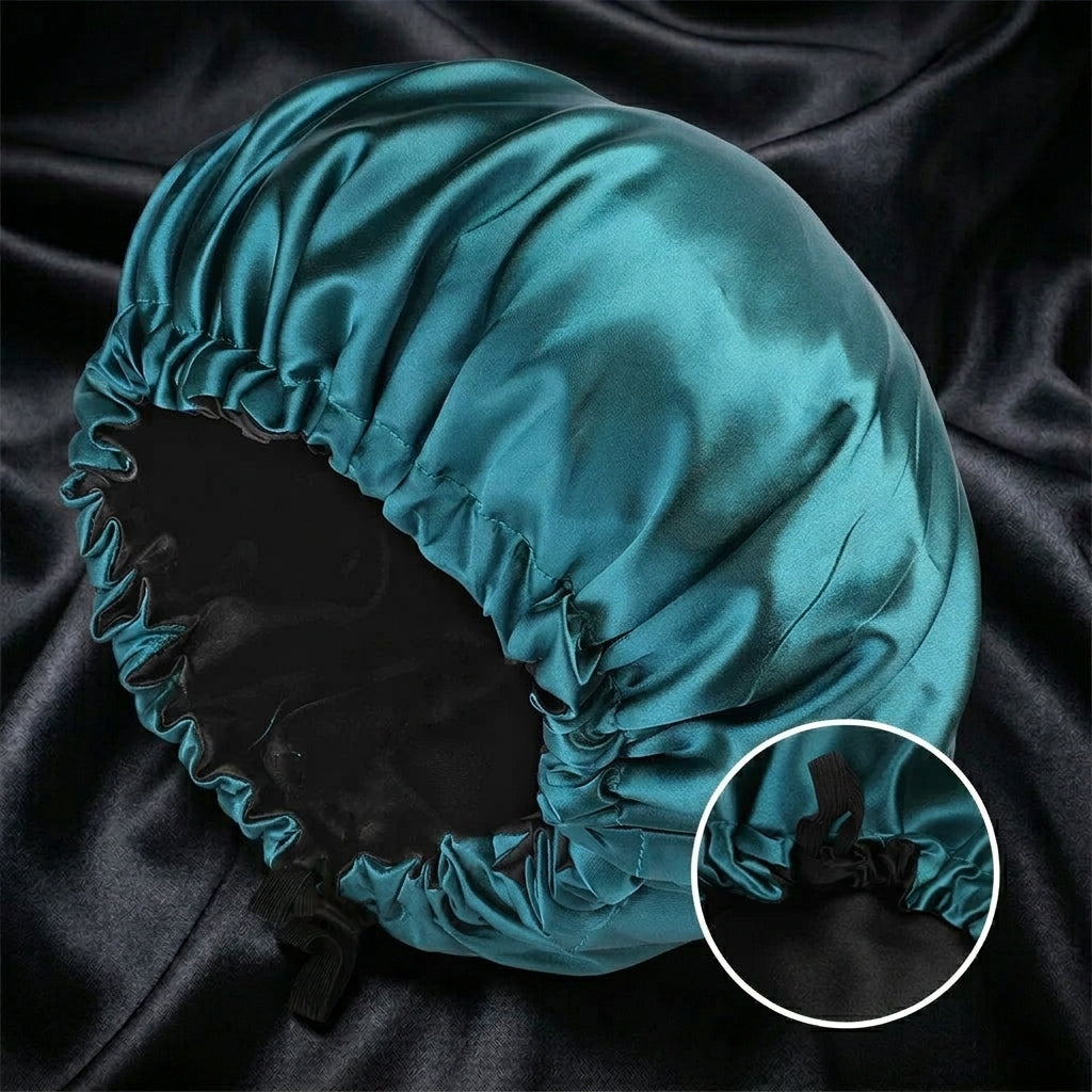 Adjustable Double Layer Satin Bonnet Nightcap Doubleside Women Round Shower Caps Night Sleep Polyester Hat Solid Black Lining