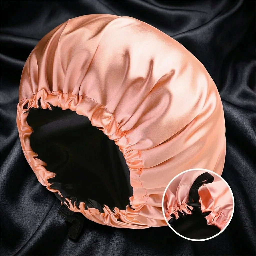 Adjustable Double Layer Satin Bonnet Nightcap Doubleside Women Round Shower Caps Night Sleep Polyester Hat Solid Black Lining
